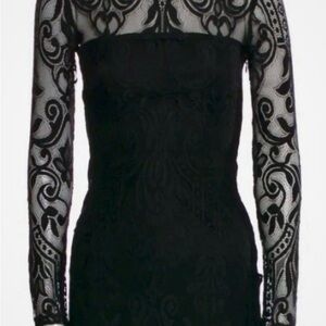 Alexis Black Lace Pattern Mini Dress With Trim Embellishment Size: XS